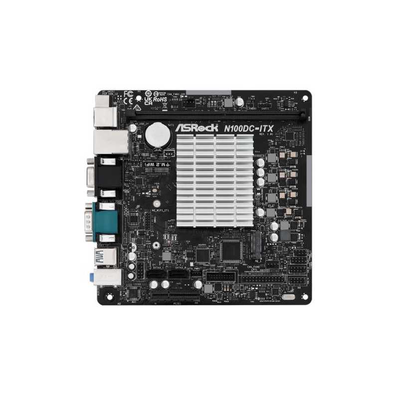 Asrock N100DC-ITX, Integrated Intel Quad-Core N100, Mini ITX, 1 DDR4, VGA, HDMI, DC Jack, Fanless Design, 1x M.2