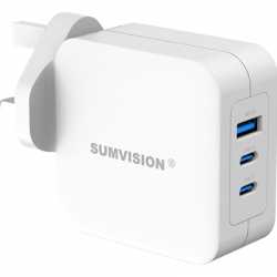 SUMVISION Universal  3 Port USB Laptop Wall Charger, 100W, GaN, Multiport USB Connections with Type-C, USB-A QC3.0 Fast Charge &