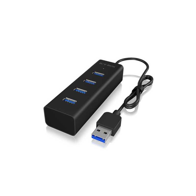 Icy Box (IB-HUB1409-U3) 4-Port USB-A Hub - USB-A Male, 4 x USB 3.0, LED Indicator, Aluminium, USB Powered