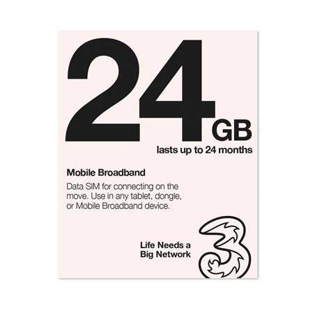 Three 3G 4G & 5G-Ready 24GB Prepaid Mobile Broadband Trio SIM Card