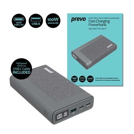 Prevo AD10C 100W USB-C Power Delivery PD 20000mAh Portable Fast-Charging Powerbank with Digital Display, Dual USB-C & USB-A with