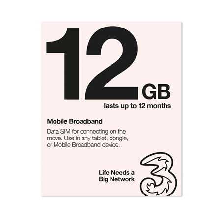 Three 3G 4G & 5G-Ready 12GB Prepaid Mobile Broadband Trio SIM Card