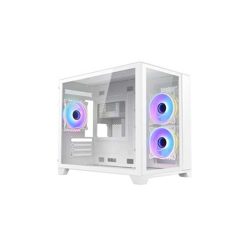Vida Akira White ARGB Gaming Case w/ Glass Front & Side, Micro ATX, 3x ARGB Fans, 6-Port Fan Hub