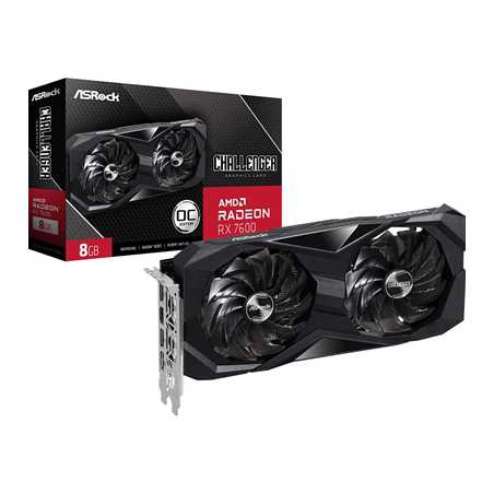 ASRock AMD Radeon RX7600 Challenger 8GB Graphics Card, GGDR6, 3x DisplayPort, 1x HDMI, Dual Fan, Ultra-fit Heatpipe, Metal Backp