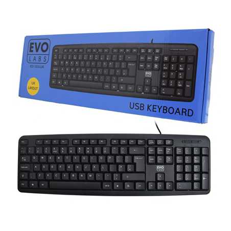 Evo Labs KD-101LUK Wired Keyboard, USB Plug and Play, Full Size, Qwerty UK Layout, Ideal for Home or Office, Black