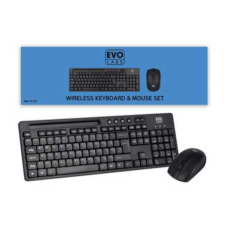 Evo Labs WM-757UK Wireless Keyboard and Mouse Combo Set, With Integrated Tablet/ Mobile/ Smartphone Stand, 2.4GHz Full Size Qwer