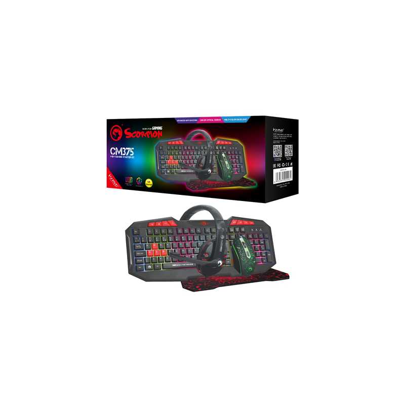 Marvo Scorpion CM375 4-in-1 Gaming Bundle, Wired Keyboard, Mouse, Headset and Mouse Pad, 7 Colour LED, Multimedia, Anti-ghosting