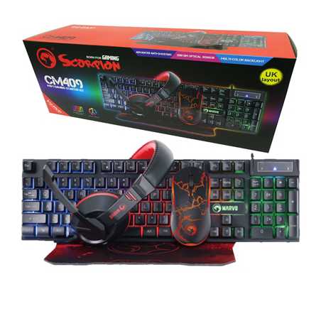 Marvo Scorpion CM409-UK 4-in-1 Gaming Bundle, Keyboard, Headset, Mouse and Mouse Pad, Wired USB 2.0, 7 Colour Backlit, Multimedi