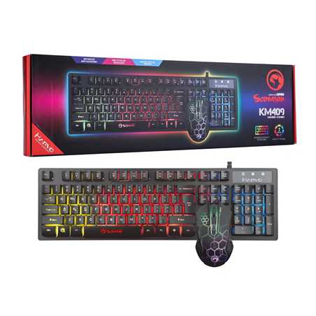 Marvo Scorpion KM409 Gaming Keyboard and Mouse Bundle, 7 Colour LED Backlit, USB 2.0, Compact Design, with Multi-Media and Anti-