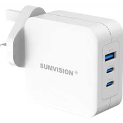 SUMVISION Universal 3 Port USB Laptop Wall Charger, 100W, GaN, Multiport USB Connections with Type-C, USB-A QC 3.0 Fast Charge &