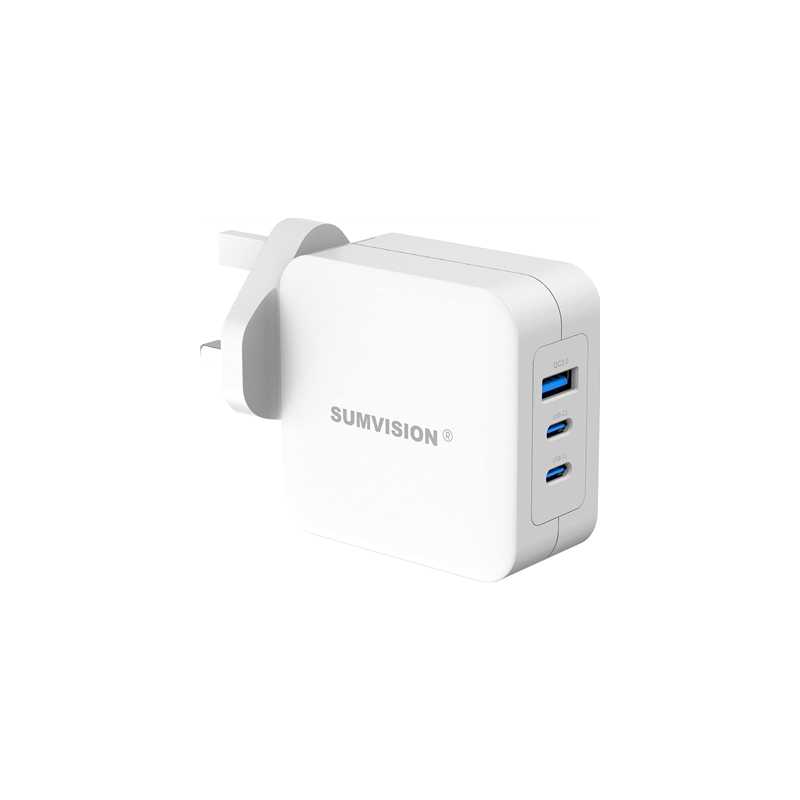 SUMVISION Universal 3 Port USB Laptop Wall Charger, 100W, GaN, Multiport USB Connections with Type-C, USB-A QC 3.0 Fast Charge &