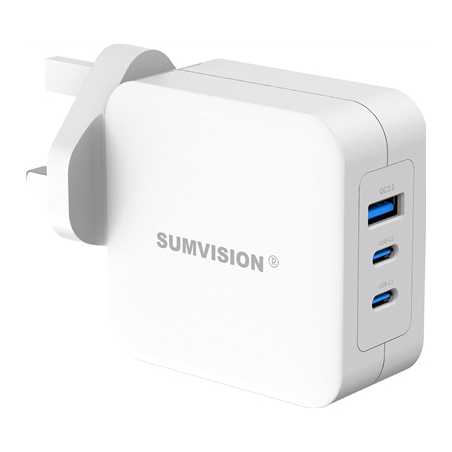 SUMVISION Universal 3 Port USB Laptop Wall Charger, 100W, GaN, Multiport USB Connections with Type-C, USB-A QC 3.0 Fast Charge &