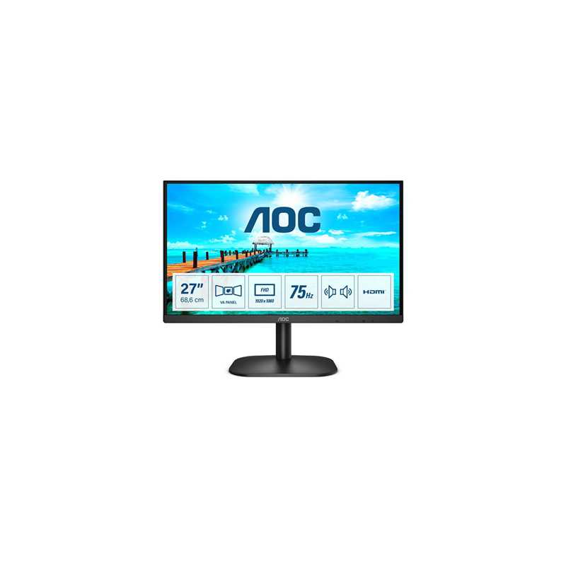 AOC 27B2AM 27 Inch LED Monitor,  Widescreen, Full HD, VGA, HDMI, 4ms, 75Hz, Frameless, Speakers, VESA, Black