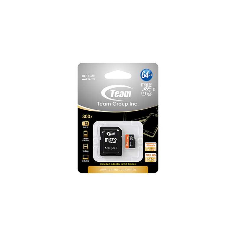 Team 64GB Micro SDXC UHS-1 Class 10 Flash Card with Adapter