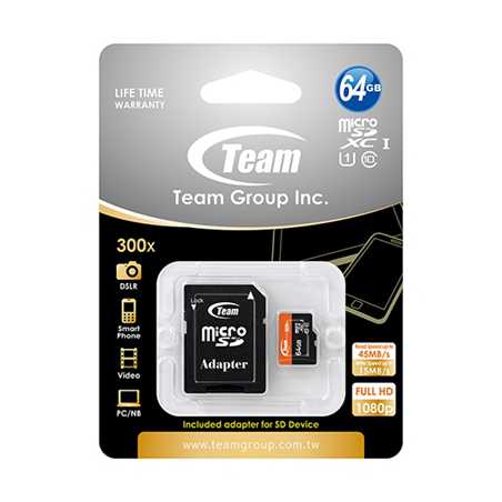 Team 64GB Micro SDXC UHS-1 Class 10 Flash Card with Adapter