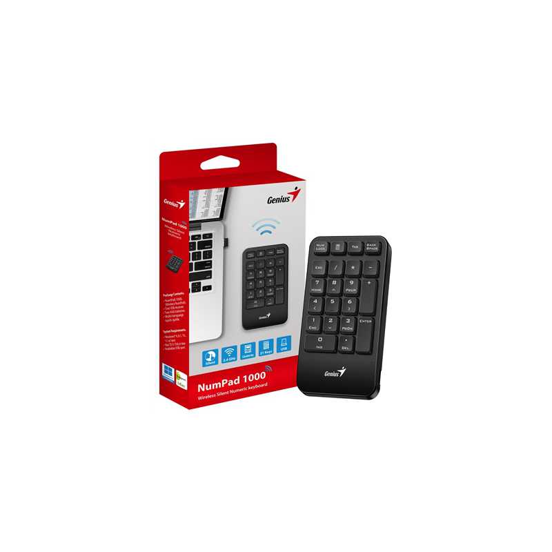Genius NumPad 1000, Wireless Silent Numeric keypad, 2.4GHz, USB Receiver Plug and Play, slim and Prortable Design