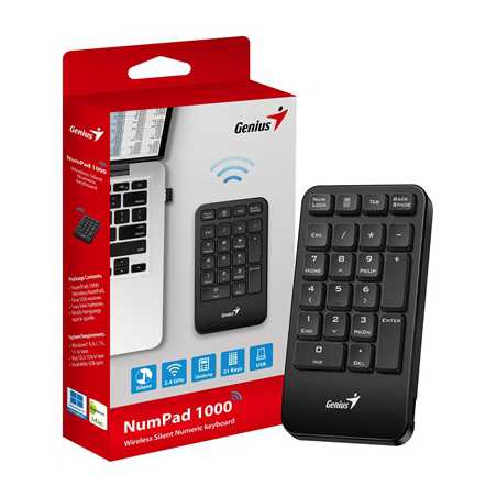 Genius NumPad 1000, Wireless Silent Numeric keypad, 2.4GHz, USB Receiver Plug and Play, slim and Prortable Design