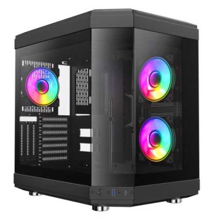 GameMax Hype Gaming Case w/ Glass Side & Front, ATX, Dual Chamber, 3x ARGB Fans, ARGB PWM Hub & Remote Control, USB-C, Black