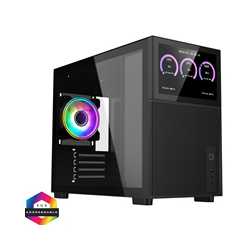 CiT Pro Jupiter Black Micro-ATX PC Gaming Case with 8 Inch LCD Screen 1 x 120mm Infinity Fan Included, USB-C, Tempered Glass Sid