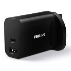 Philips 3-pin Wall Plug USB-C & USB-A Charger, 30W, Fast Charge, Power Delivery