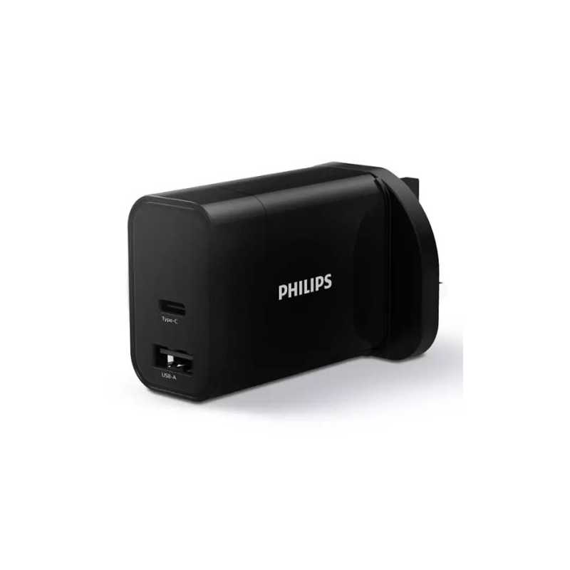 Philips 3-pin Wall Plug USB-C & USB-A Charger, 30W, Fast Charge, Power Delivery