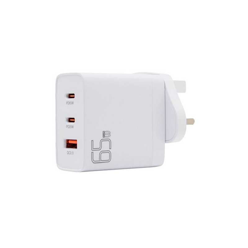 Pama 3-pin Wall Plug USB-C & USB-A Charger, 1x USB-C 65W (for Laptops), 1x USB-C 20W, 1x USB-A QC3.0