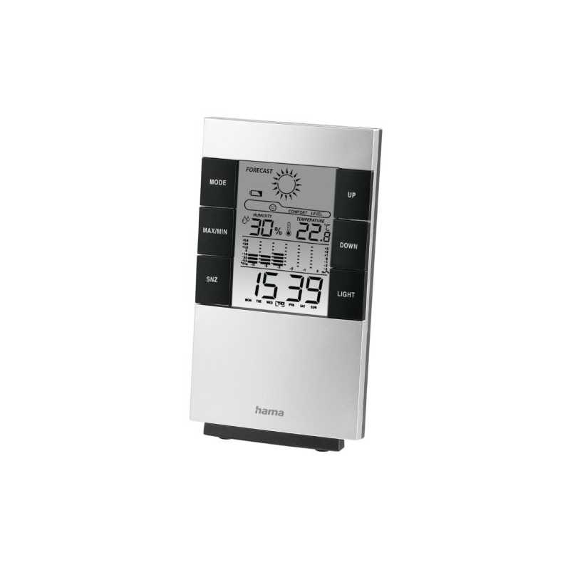 Hama TH-200 LCD Thermo/Hygrometer - Bar Chart Thermometer, Hygrometer, Barometer, Weather Forecast, Date/Time, Alarm, Black/Silv