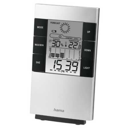 Hama TH-200 LCD Thermo/Hygrometer - Bar Chart Thermometer, Hygrometer, Barometer, Weather Forecast, Date/Time, Alarm, Black/Silv