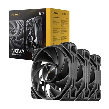 Antec NOVA 120 PWM Fan, 3 Pack, High-Performance Cooling with Fluid Dynamic Bearing, Precise Three-Phase Speed Control, Industri