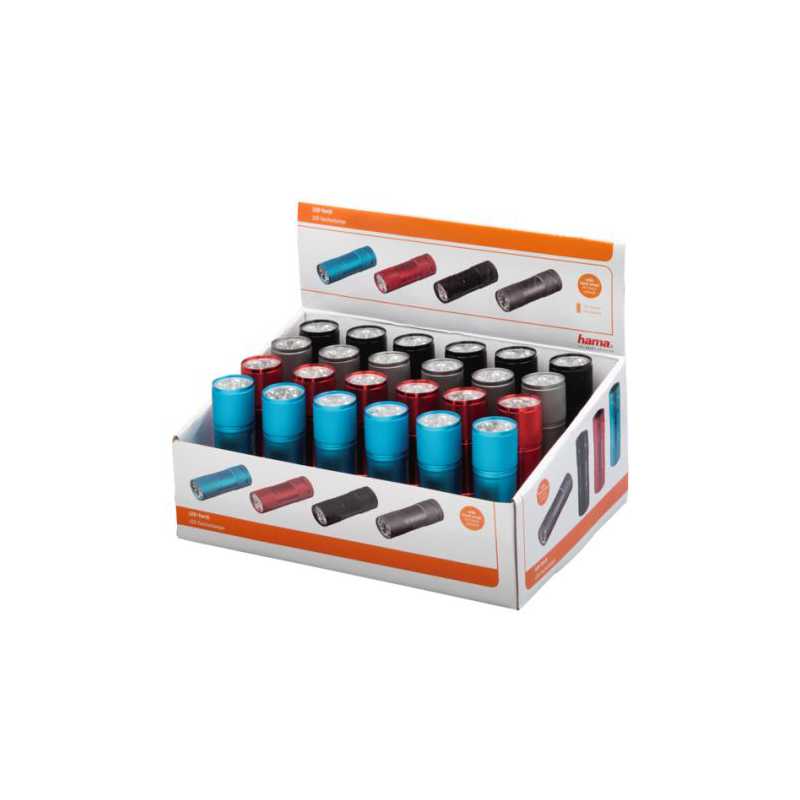 Hama FL-60 LED Torch x24 Multipack, 25 Lumen, Hand Strap, Various Colours, Display Case