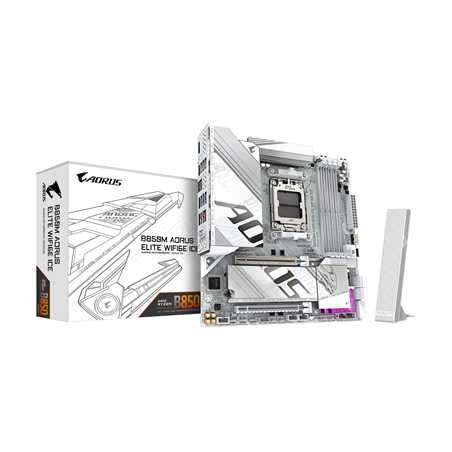 Gigabyte B850M AORUS ELITE WIFI6E ICE AMD AM5 Socket Motherboard, Micro-ATX, 4x DDR5 Slots, 2x M.2 Sockets, 2x USB-C Port, Fitte