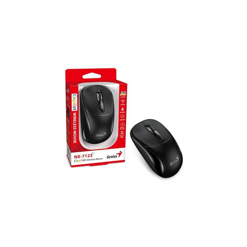 Genius NX-7123 Copilot AI Wireless Mouse, 2.4 GHz with USB Receiver, 1200 DPI, 4 Button with Scroll Wheel, Ambidextrous Design, 