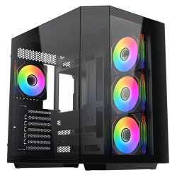 Vida Edge Black ARGB Gaming Cube Case w/ Glass Side, Front & Corner, ATX, 4x ARGB PWM Fans, 6-Port Fan Hub & Remote Control, Asu