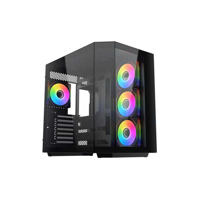 Vida Edge Black ARGB Gaming Cube Case w/ Glass Side, Front & Corner, ATX, 4x ARGB PWM Fans, 6-Port Fan Hub & Remote Control, Asu