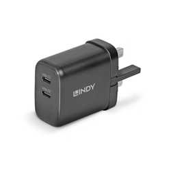 Lindy 65W USB 2 x Type C Charger, Input UK Plug, Output 2 x USB Type C Female, Black