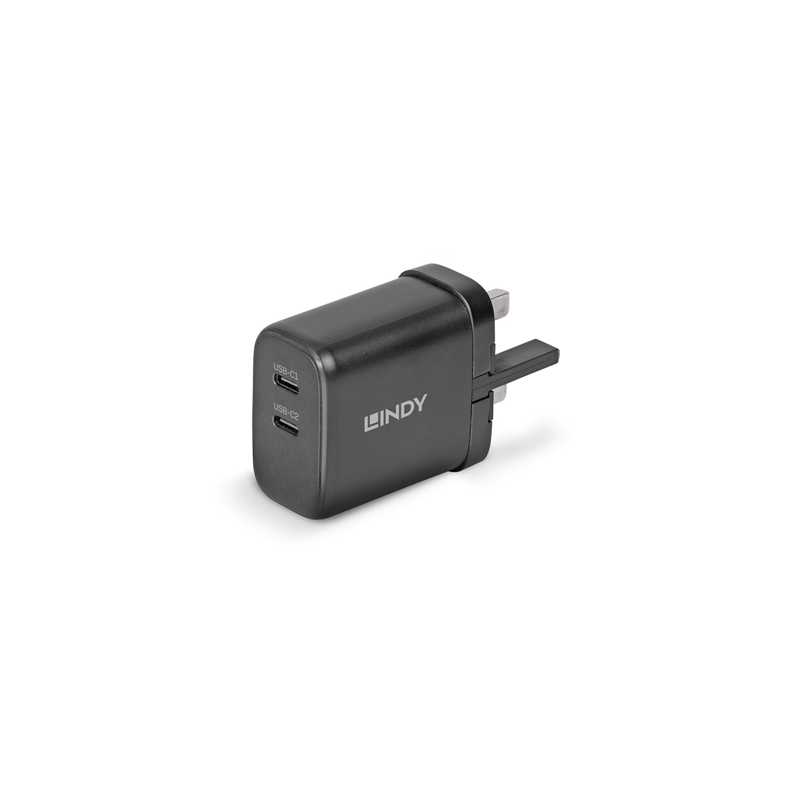 Lindy 65W USB 2 x Type C Charger, Input UK Plug, Output 2 x USB Type C Female, Black