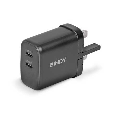 Lindy 65W USB 2 x Type C Charger, Input UK Plug, Output 2 x USB Type C Female, Black