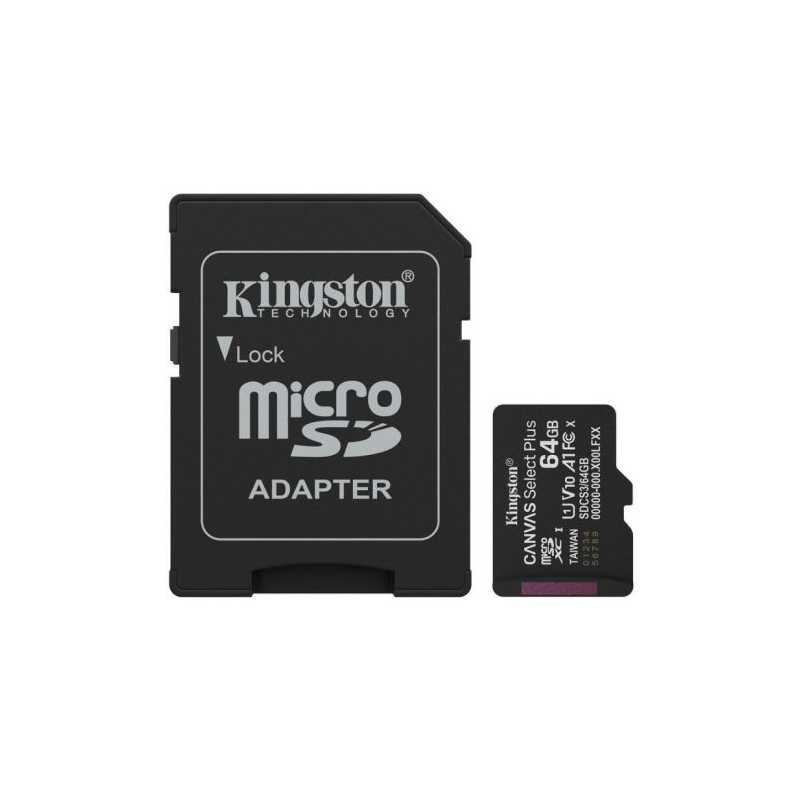 Kingston 64GB Canvas Select Plus Gen3 MicroSDXC Card with SD Adapter, UHS-I Class 10, U1, V10, A1 App Performance, 100MB/s