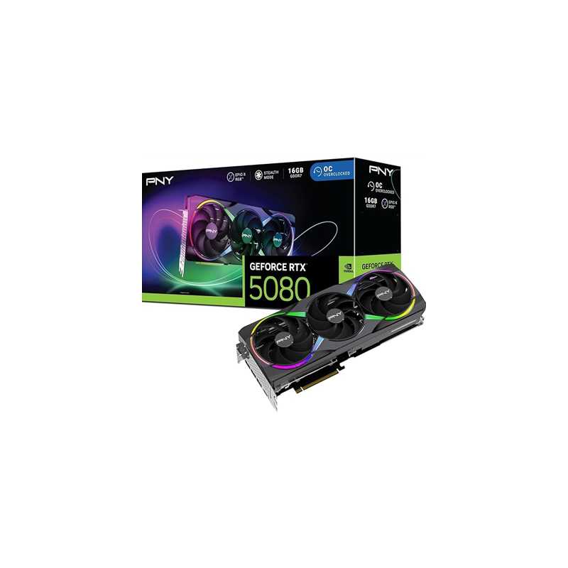 PNY NVIDIA GEFORCE RTX 5080 ARGB EPIC-X RGB OC16GB, GDDR7 Graphics Card, 10,752 Cuda Cores, 22.3GHz Core Clock, Triple Fan, 3 x 