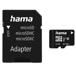 Hama 16GB MicroSDHC Card with SD Adapter, Class 10 UHS-I, V10, Up to 80MB/s