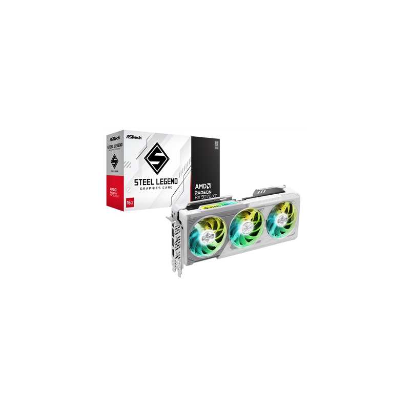 ASRock AMD Radeon RX 9070 XT Steel Legend 16GB GDDR6 Graphics Card, 4096 Streams, 2970MHz Boost Clock, Triple Fan, 3x DisplayPor