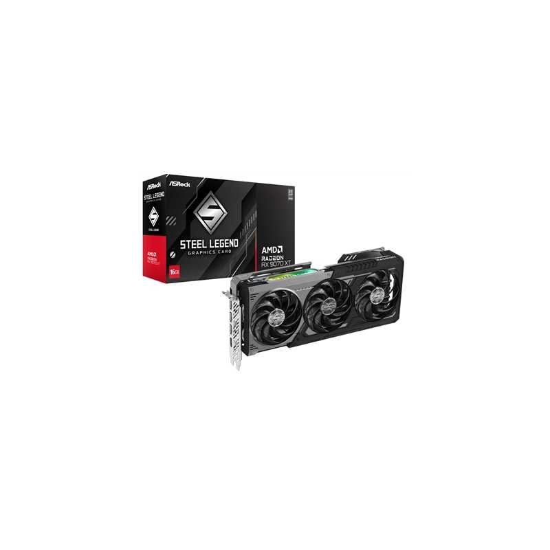ASRock AMD Radeon RX 9070 XT Steel Legend Dark 16GB GDDR6 Graphics Card, 4096 Streams, 2970MHz Boost Clock, Triple Fan, 3x Displ