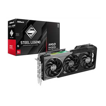ASRock AMD Radeon RX 9070 XT Steel Legend Dark 16GB GDDR6 Graphics Card, 4096 Streams, 2970MHz Boost Clock, Triple Fan, 3x Displ