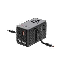 Verbatim (30186) Charge 'n' Travel 70W 2C Retractable Universal Travel Adapter Black, Fast Charging up to 70W