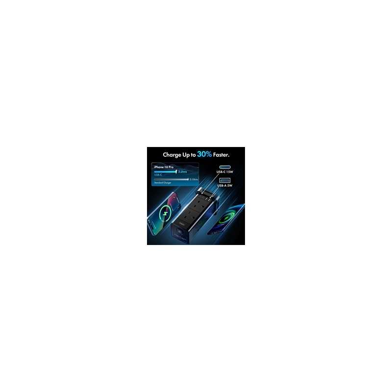 VonHaus Tower Extension Lead with USB, Power Surge Protection 2M Cable Black, 8 x UK Mains Sockets, Three-Pin 13A Plugs, Arrange