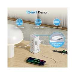 VonHaus Tower Extension Lead with USB, Power Surge Protection 2M Cable White, 8 x UK Mains Sockets, Three-Pin 13A Plugs, Arrange
