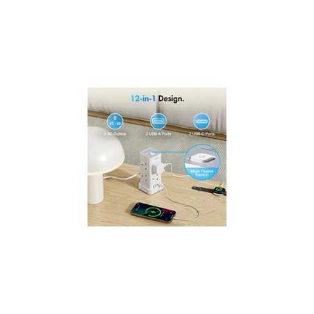 VonHaus Tower Extension Lead with USB, Power Surge Protection 2M Cable White, 8 x UK Mains Sockets, Three-Pin 13A Plugs, Arrange