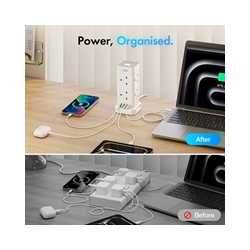 VonHaus Tower Extension Lead with USB, Power Surge Protection 2M Cable White, 8 x UK Mains Sockets, Three-Pin 13A Plugs, Arrange