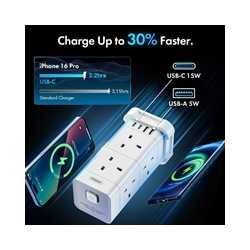 VonHaus Tower Extension Lead with USB, Power Surge Protection 2M Cable White, 8 x UK Mains Sockets, Three-Pin 13A Plugs, Arrange
