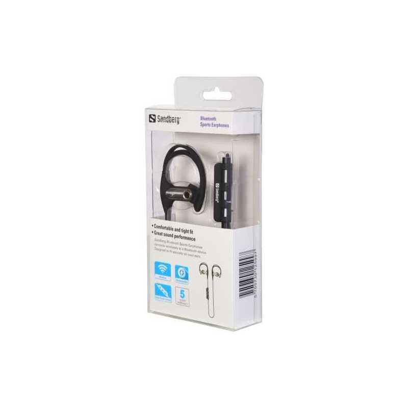 Sandberg Wireless Sports Earphones, Bluetooth, Inline Volume & Mic, 10mm Driver, Black & Silver, 5 Year Warranty